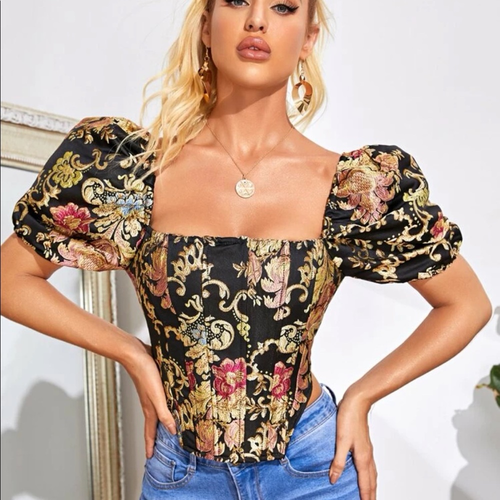 Puff sleeve top floral gold black jacquard runway fashion womens - Picture 1 of 5